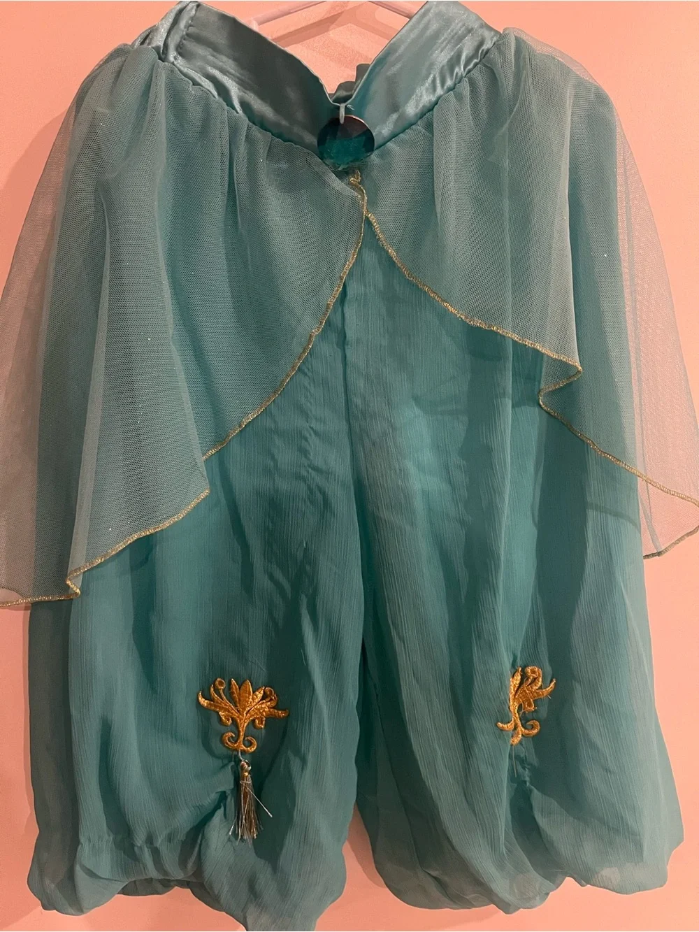Princess Jasmine Costume, Teal Gold-Trim Crop Top and Pants, Disney